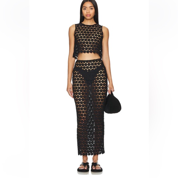 rumer capri black floral embroidered high waist midi summer cover up skirt small - Picture 8 of 8